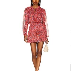 NWT MISA Los Angeles Lorena Aranciata Red Paisley Chiffon  Mini Dress M